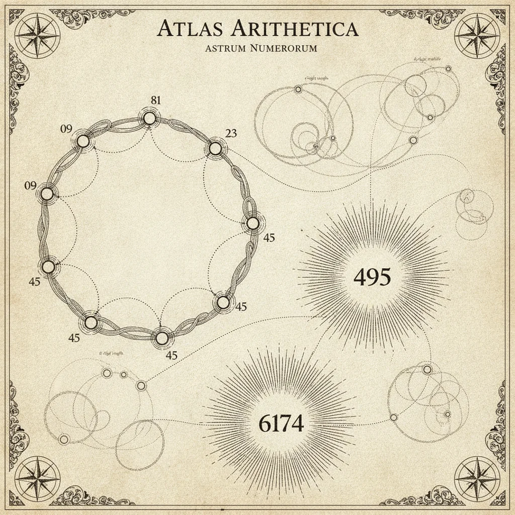 Cartographic map of digit worlds: a two-digit circular loop, a three-digit world centred on 495, a four-digit world centred on 6174, and larger tangled worlds fading into the distance