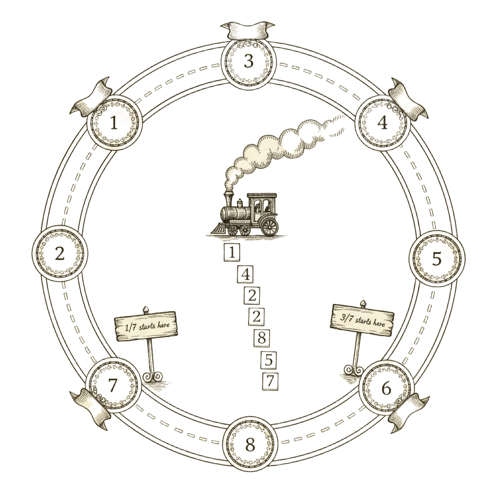 A circular railway track with six stops, a small traveller moving around it dropping the digits 1 4 2 8 5 7, with signposts marking where each fraction begins