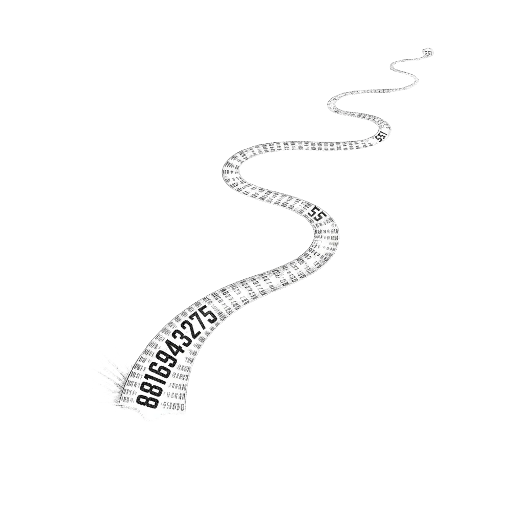 An endless ribbon of digits unspooling from a glowing point into starry darkness, beginning with 8816943275 and fading to 551 at the far end