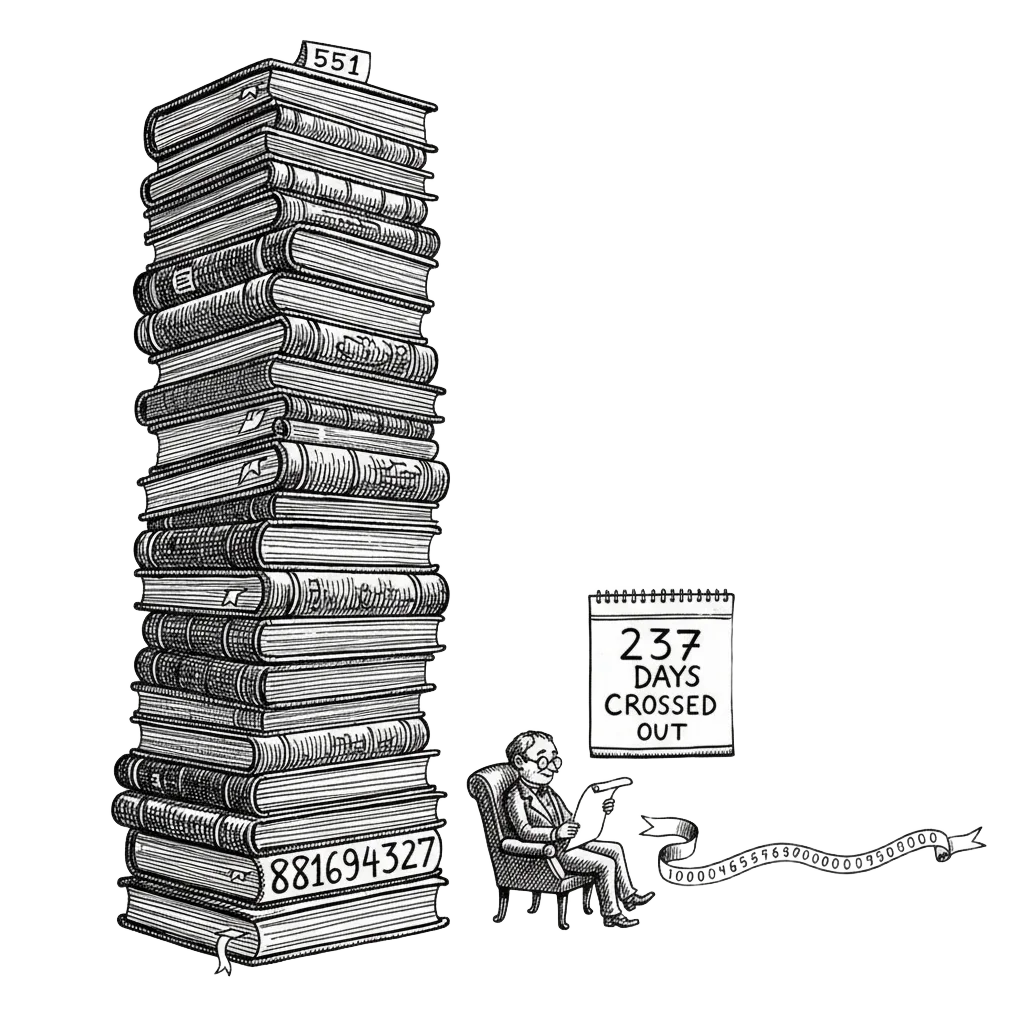 A tall stack of books labelled with the prime's first and last digits, a person reading beside a 237-day calendar, and a tiny billion beside a digit ribbon stretching out of frame