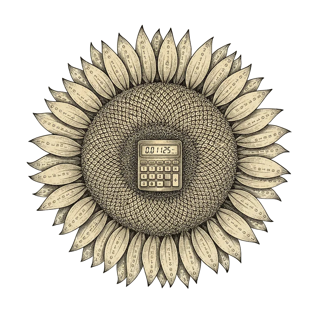 A sunflower seen from above, its seed spirals made from Fibonacci digits, its centre showing a tiny calculator display reading 0.011235