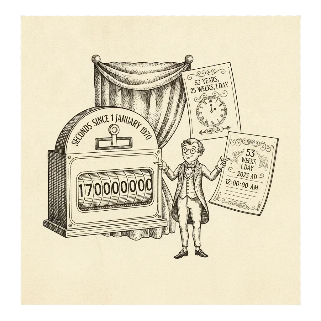 Ink illustration of a mechanical odometer counting seconds since 1970, with a figure translating the number into a calendar and clock face