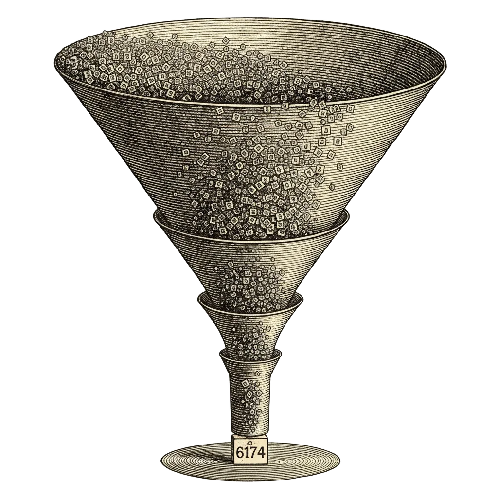 Funnel illustration of thousands of number tiles pouring in at the top, narrowing step by step, until a single tile reading 6174 rests at the bottom like a still pool