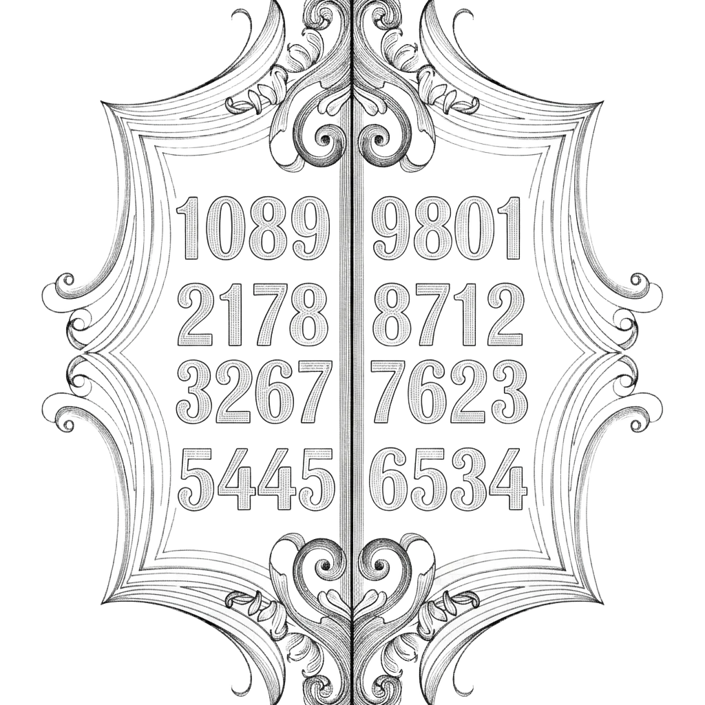 A symmetrical mirror illustration showing the 1089 times table with each answer reflected as its digit-reversed partner, and 5445 sitting exactly on the mirror line