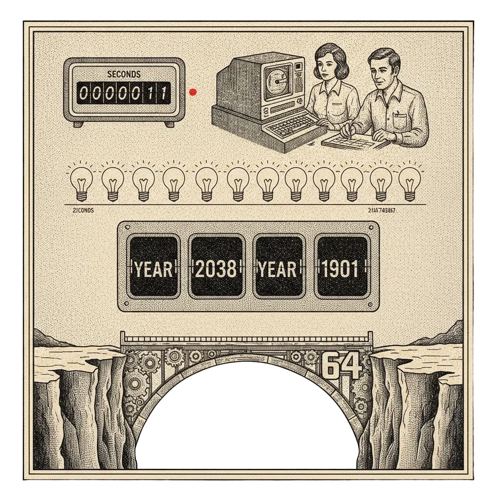 Recap ink illustration combining the 1970 odometer, Bell Labs programmers, the 31 glowing bulbs with 2147483647, the clock flipping to 1901, and the new 64-bit bridge