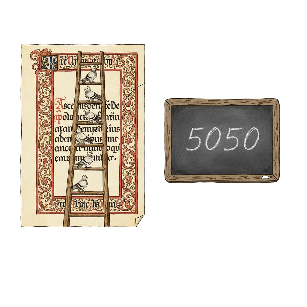 Split illustration showing a medieval manuscript page with a ladder and pigeons on the left, and an 18th-century school slate reading 5050 on the right, connected by a visual arc