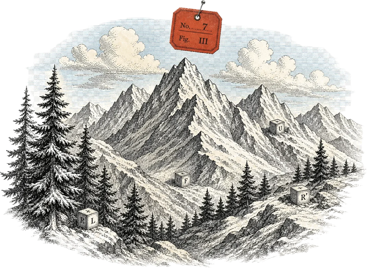 Ink-etched snowy mountains with cube notation and a red specimen marker