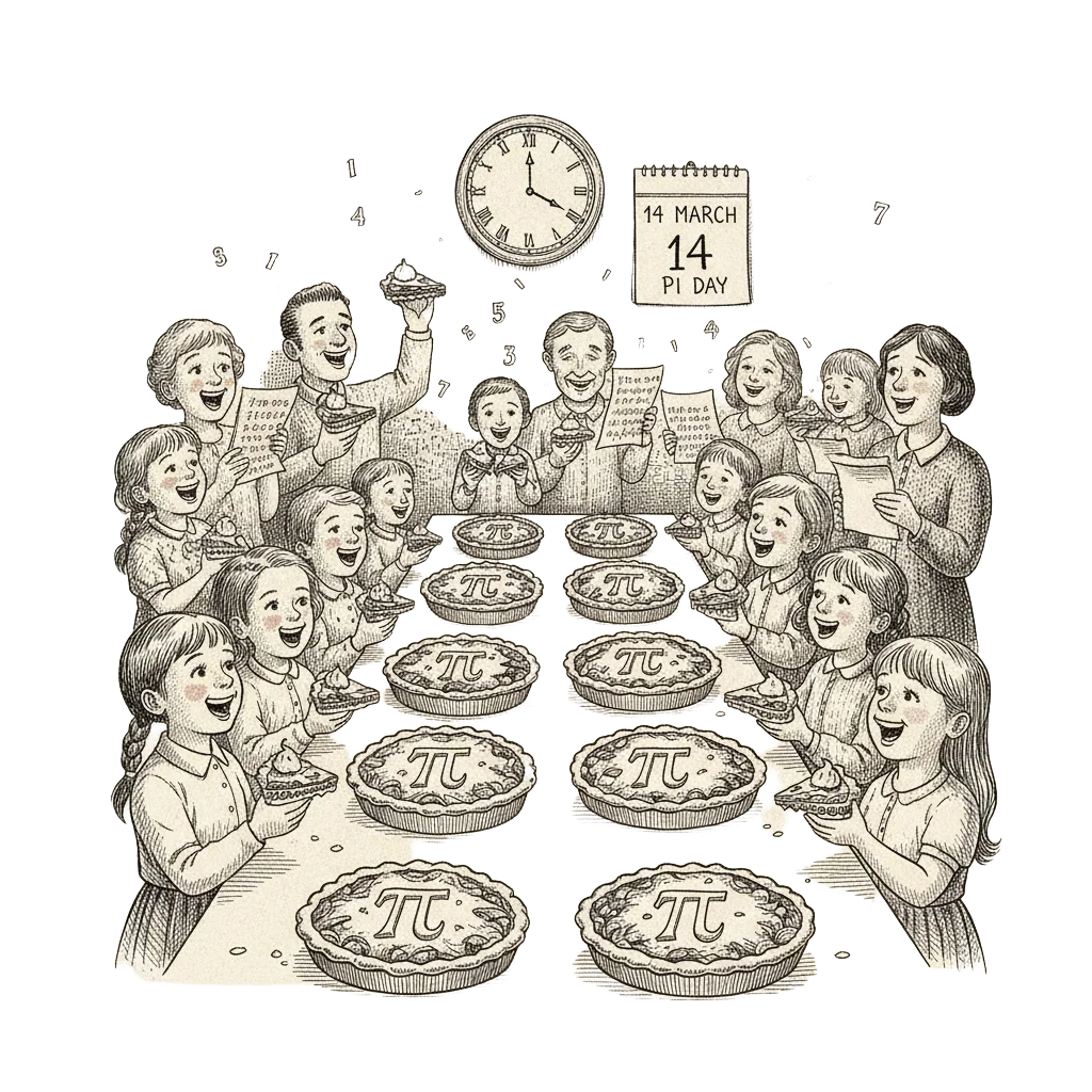 Ink cheerful celebration illustration: a museum table of round fruit pies with pi symbols baked into the crust, a clock showing 1:59, a calendar page reading 14 March, children and adults holding pie slices and reciting digits