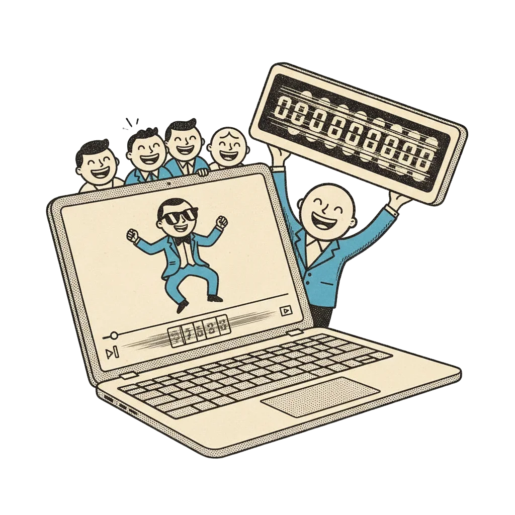A laptop screen showing a music video with a spinning view counter, engineers grinning and holding a giant new counter