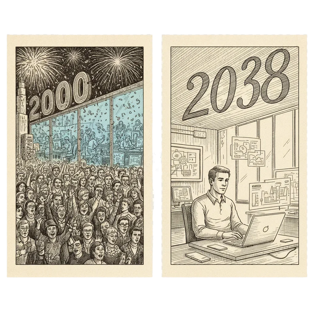 Two-panel ink illustration: left panel shows New Year's Eve 1999 celebrations with office workers at computers, right panel shows a quiet 2038 scene with a single engineer at a laptop