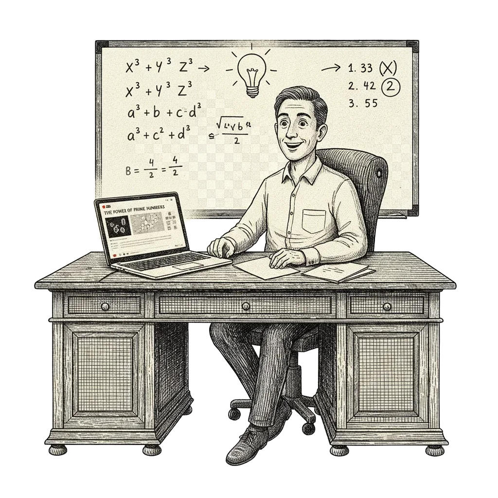 Ink illustration of a mathematician in a university office, laptop open with a video playing, whiteboard full of cube equations, 33 crossed off and 42 circled