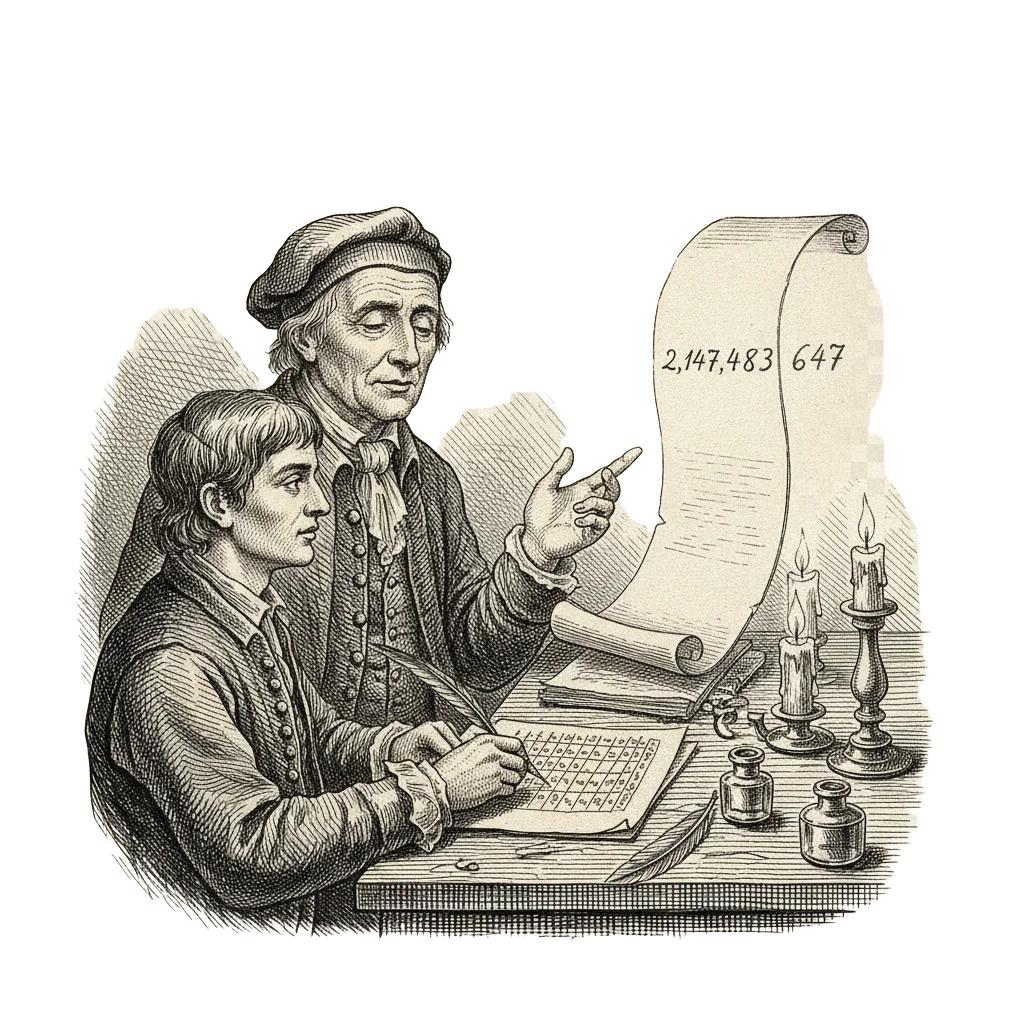 Candlelit illustration of Euler dictating to an assistant, a glowing scroll bearing 2,147,483,647