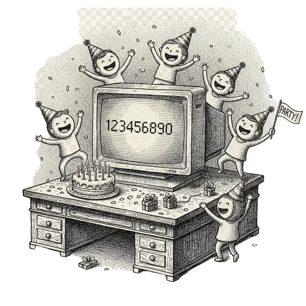 Ink illustration of people in party hats celebrating around a monitor showing 1234567890