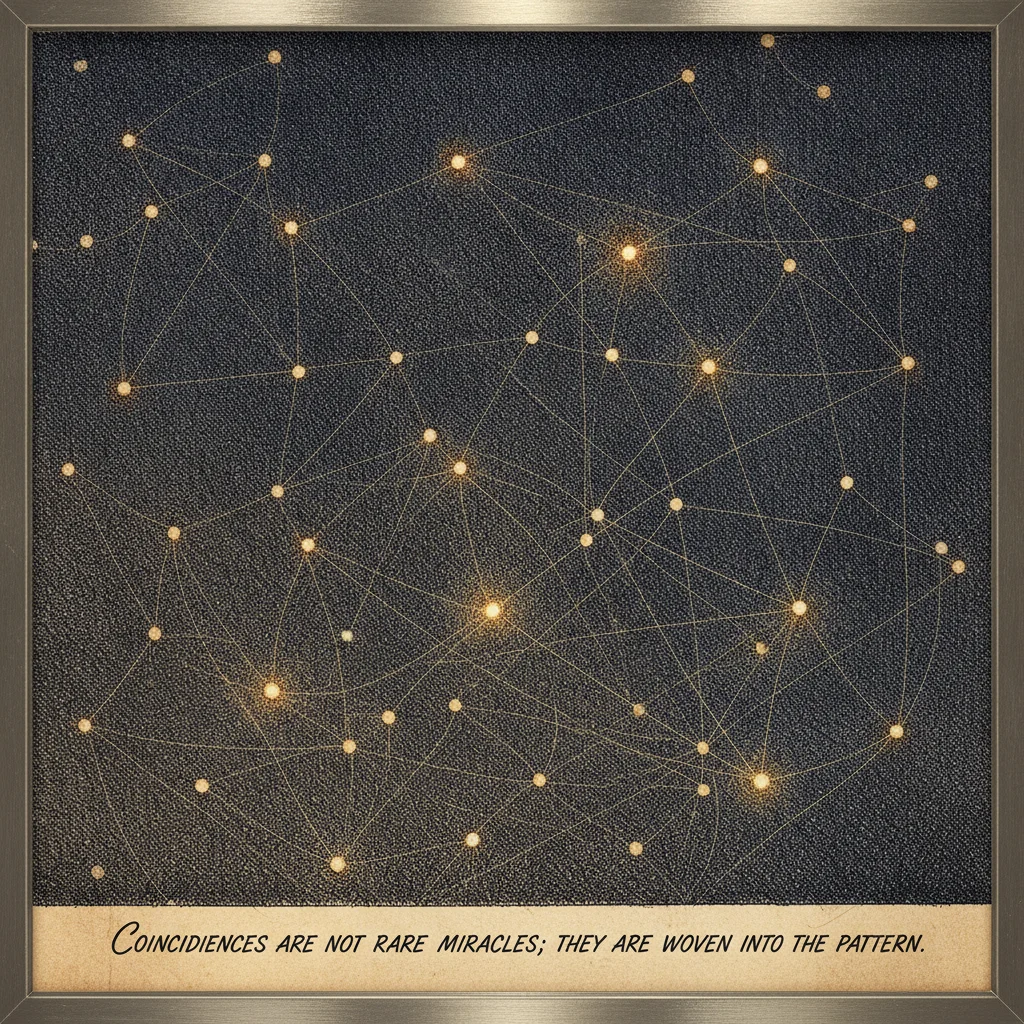 Symbolic ink illustration of a night sky filled with small glowing lights, each representing a person. Faint threads between every pair form a vast web. Here and there a thread glows brighter where two lights match.