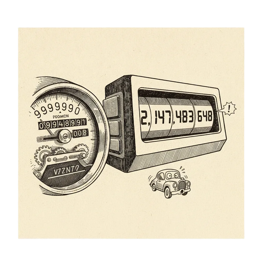A car odometer rolling from 999,999 to 000,000, beside a computer odometer rolling from 2,147,483,647 to negative 2,147,483,648, a cartoon car looking startled