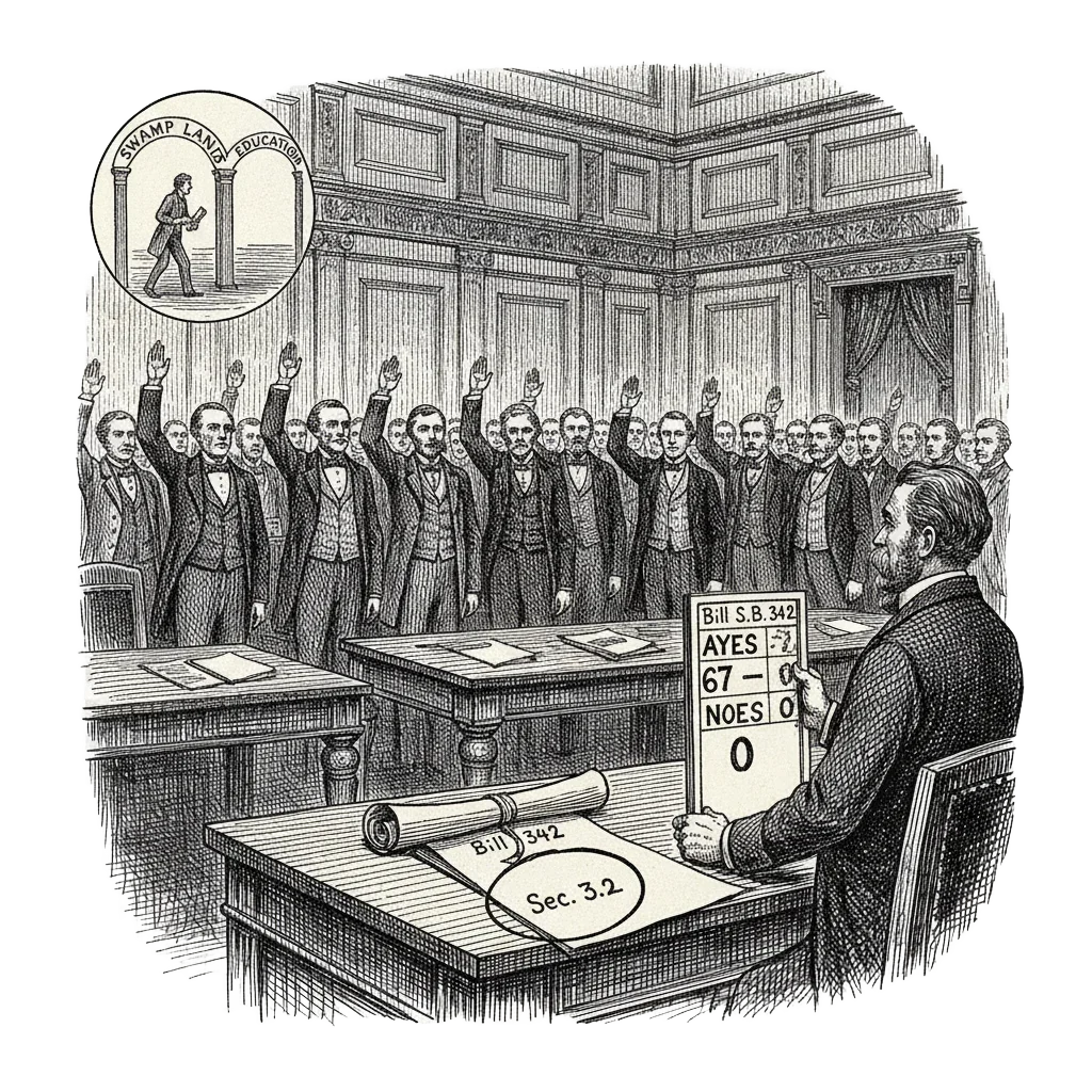 Ink narrative illustration of the Indiana House vote: legislators raising hands, a tally board reading Ayes 67 Noes 0, a bill with a circle marked 3.2, and a comic vignette of the bill moving from a Swamp Lands door to an Education door