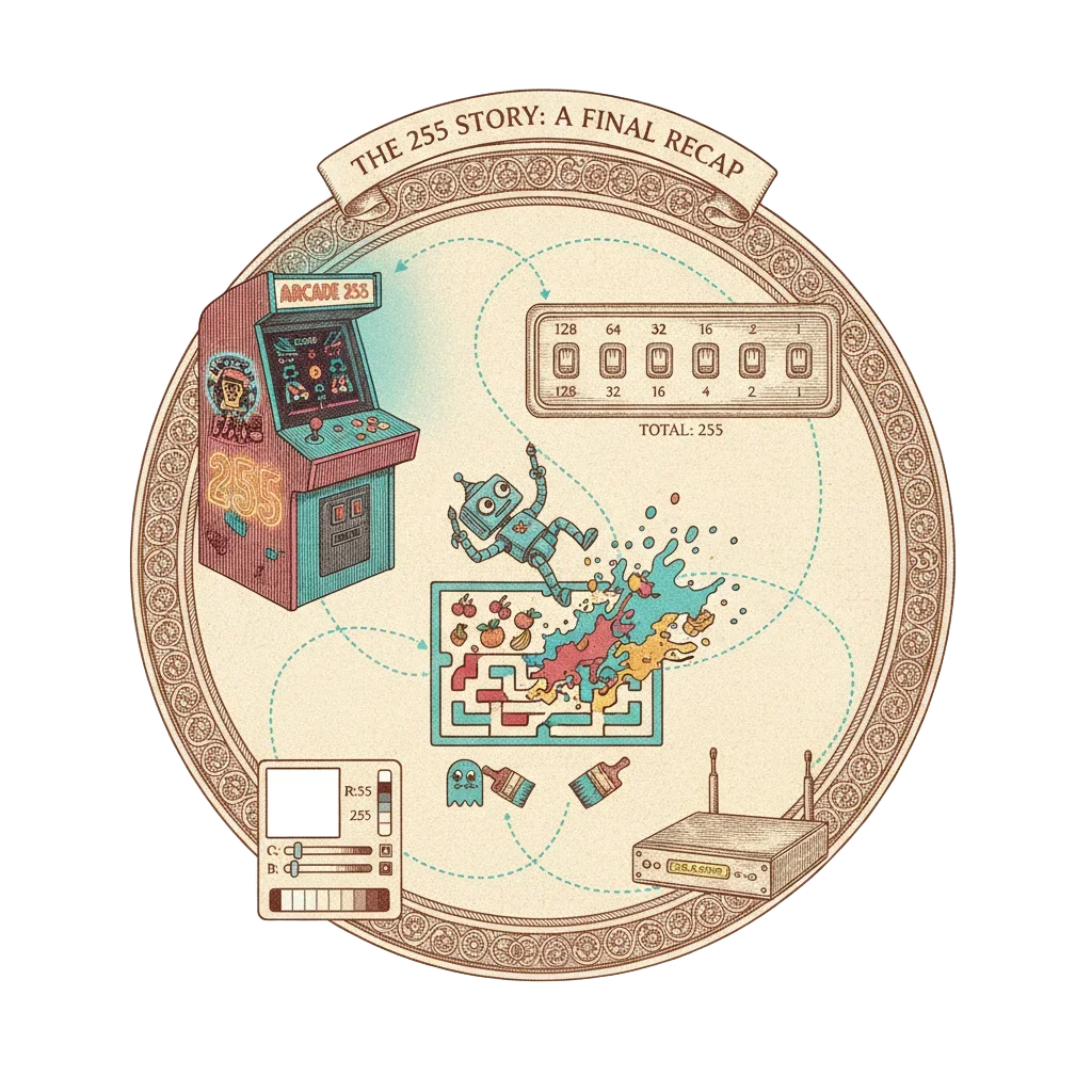 A final recap illustration combining the neon arcade, the row of eight switches, the robot fruit-painter, the split screen, the colour picker and the router into one satisfying panel
