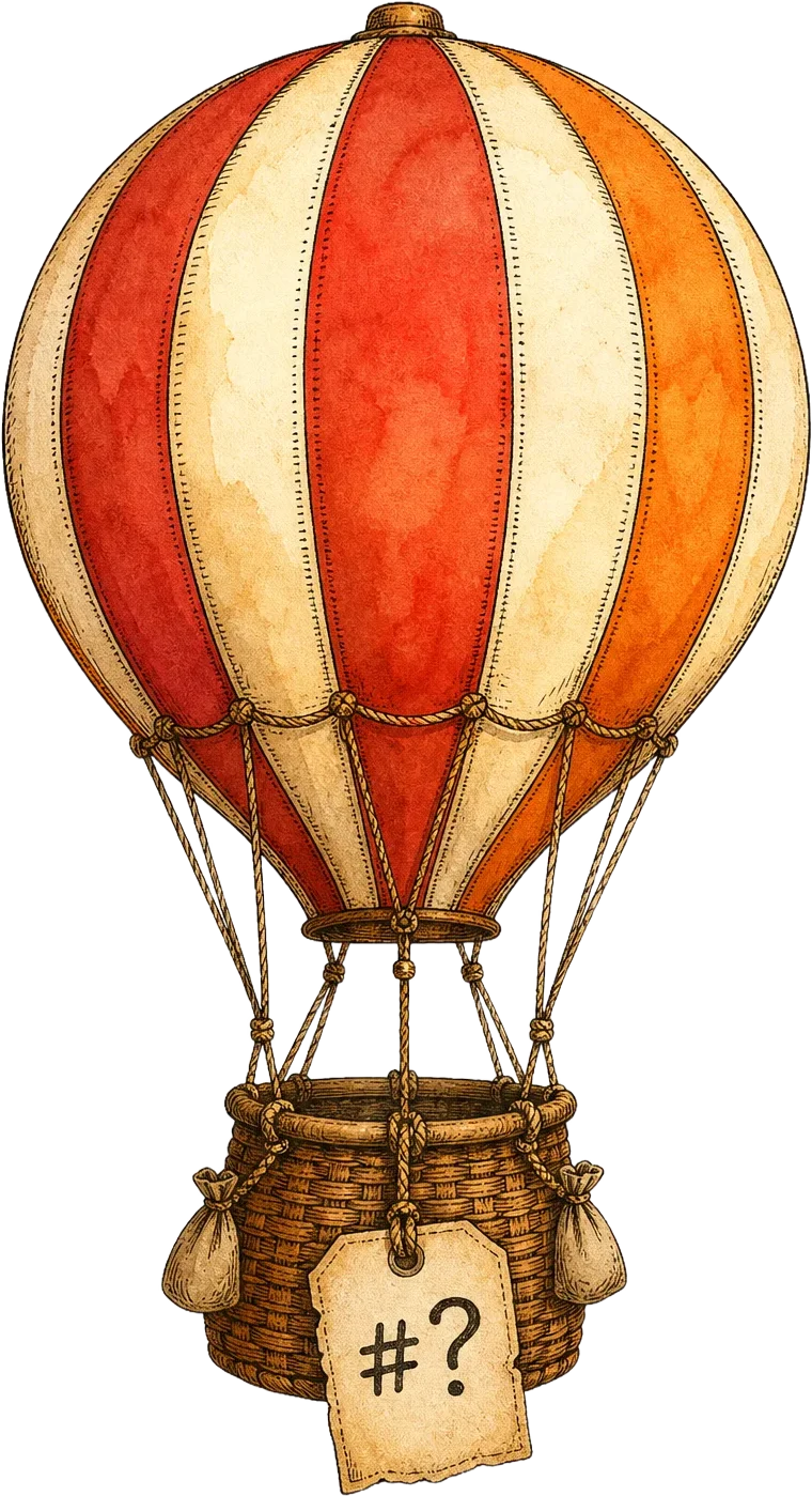 Hand-drawn specimen balloon carrying a small label reading hash question mark