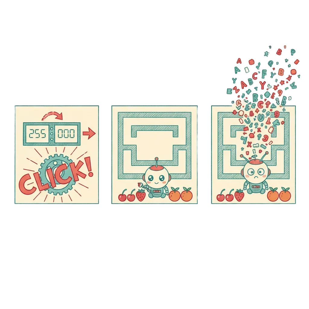 A byte counter flipping from 255 to 0, a tiny robot painter carefully drawing fruit, then the same robot confused and spilling letters and blocks across the right half of the maze