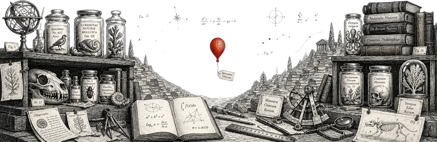 Panoramic ink illustration of a cabinet of curiosities with labeled specimen shelves and a small red marker