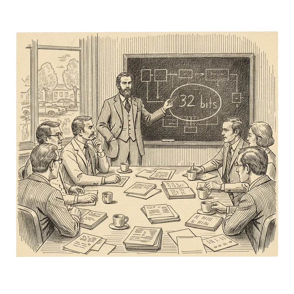 A 1970s meeting room where a bearded engineer in a three-piece suit stands at a chalkboard with 32 bits circled, colleagues seated around a cluttered table