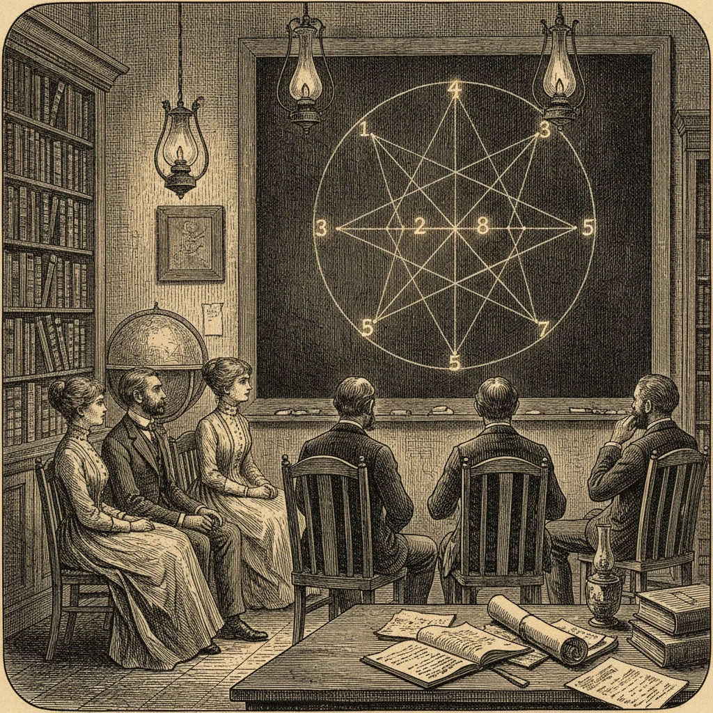 An early 20th-century room lit by lamplight, a small study group before a blackboard showing a nine-pointed enneagram circle with the inner web connecting 1, 4, 2, 8, 5, 7