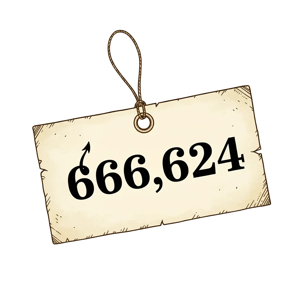 A price tag bearing the number 666,624 with a tiny cartoon devil tail curling from the first three digits