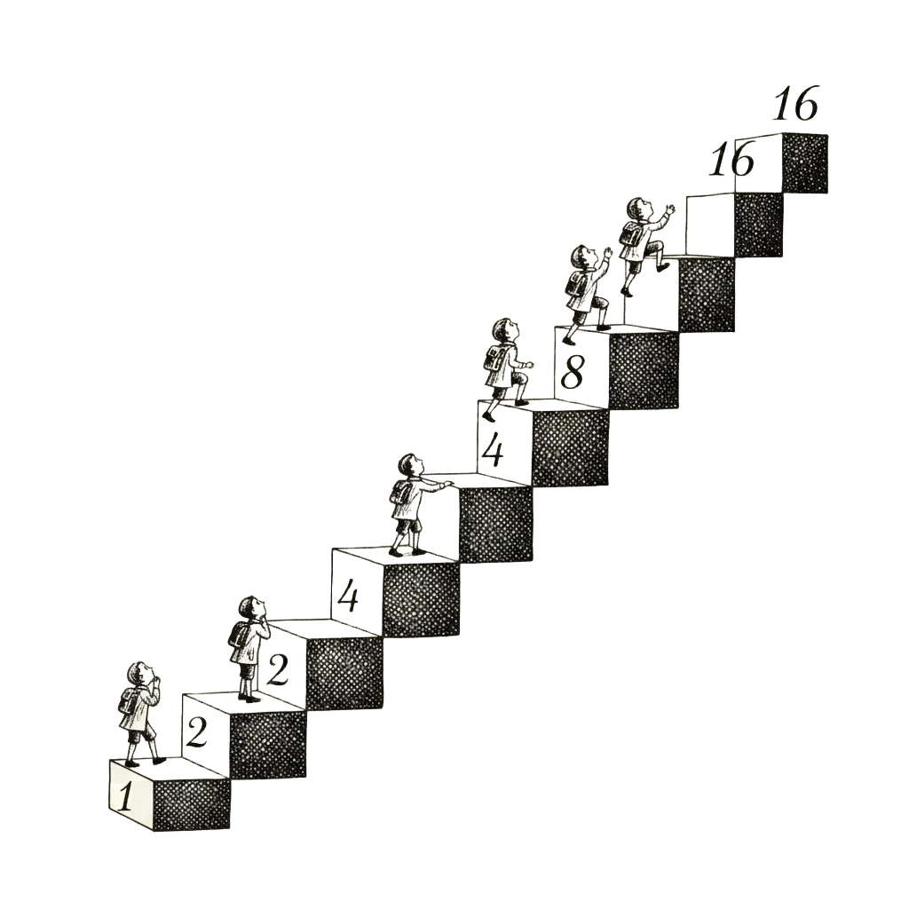 A staircase where each step is twice as tall as the last, a nod to the 5050 staircase