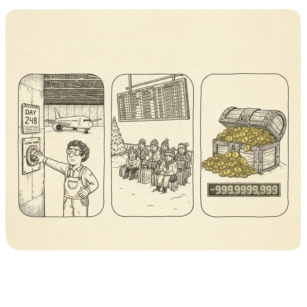Three panels: an airliner in a hangar with a 248-day calendar, a snowy departures board showing CANCELLED, a treasure chest overflowing with a negative score