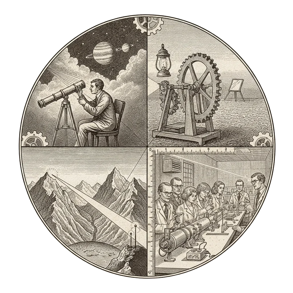 A final illustrated panel combining Rømer at his telescope with Jupiter and Io, Fizeau's toothed wheel, Michelson's two mountains, a 1970s laser lab, and a beam of light turning into a ruler