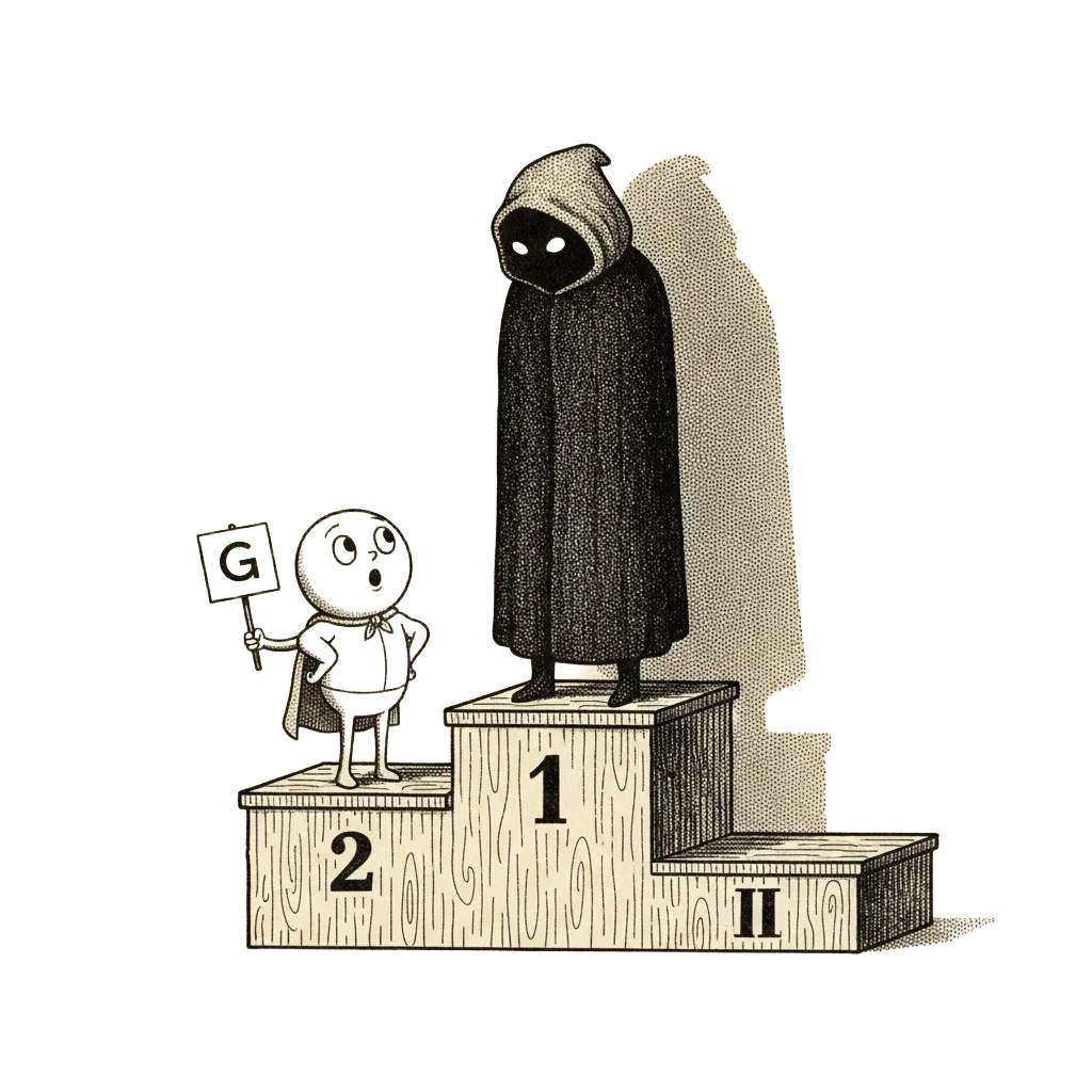 A podium where a figure labelled G stands on the second step, gazing up at a larger shadowy figure on the top step