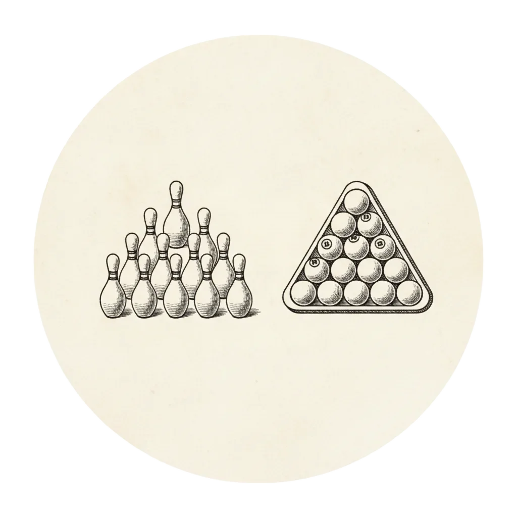 Bowling pins from above in a triangular arrangement, and snooker balls in a triangular rack
