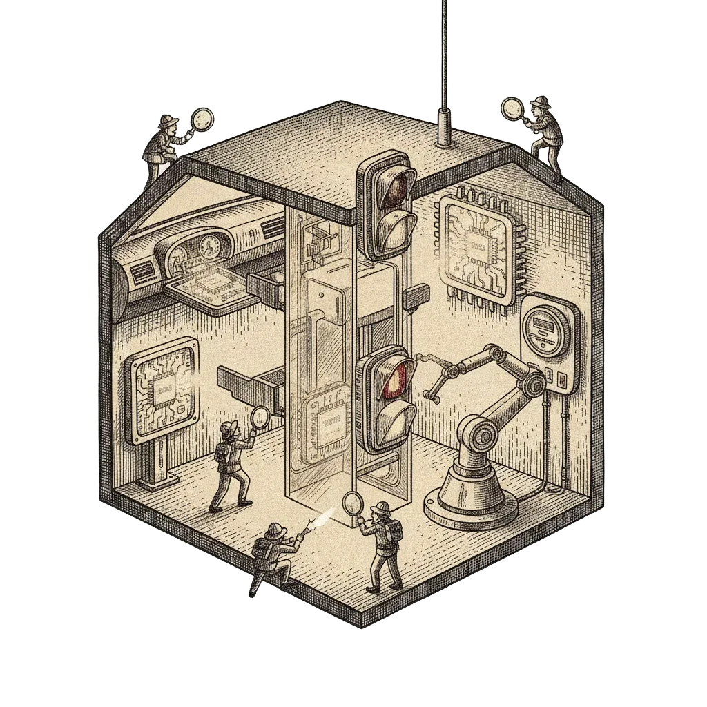 Ink illustration cutaway of a city showing tiny chips inside cars, lifts, traffic lights, factory robots and smart meters, with engineers searching them with torches and magnifying glasses