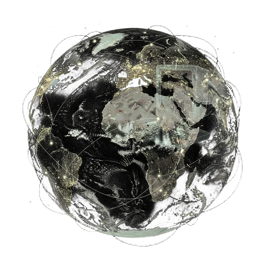 Sweeping ink engraving of the Earth at night seen from space, dotted with glowing lights connected by threads into a vast web, with a faint ghostly ancient computer in the clouds