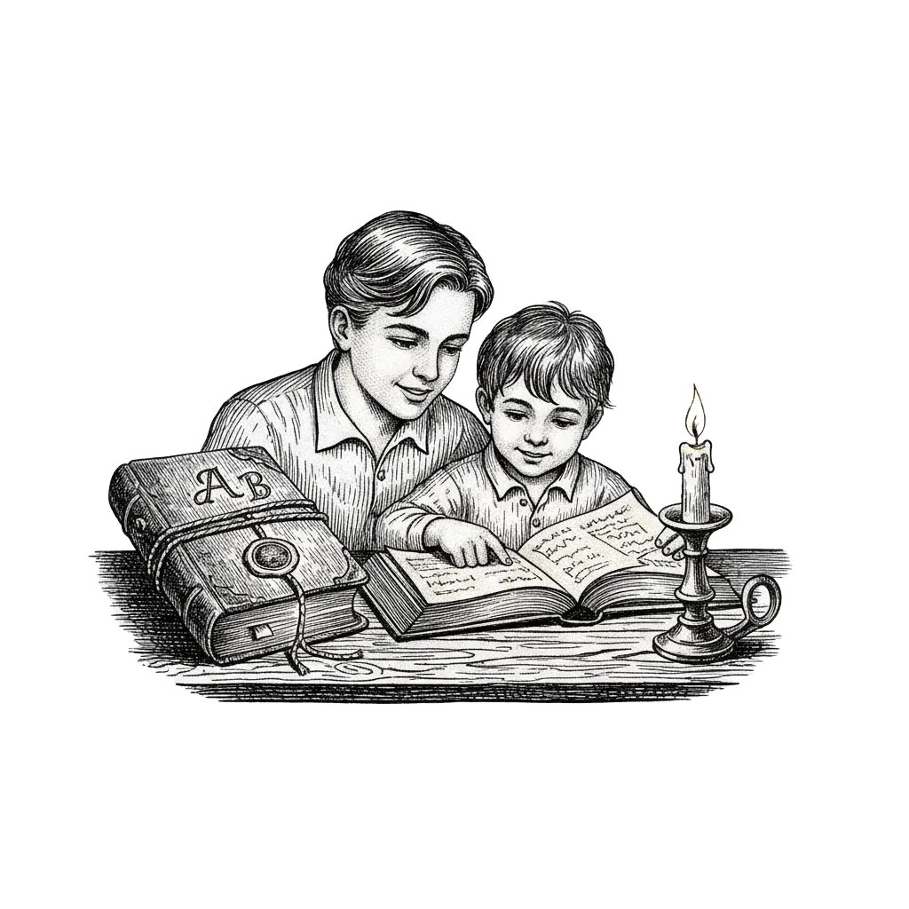 Ink vignette of a parcel tied with string containing an arithmetic book, and a candle beside it