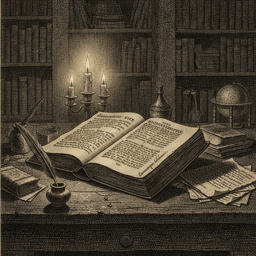 Atmospheric 17th-century study at night, candlelight on an old open book with mysterious cramped handwriting in the margin