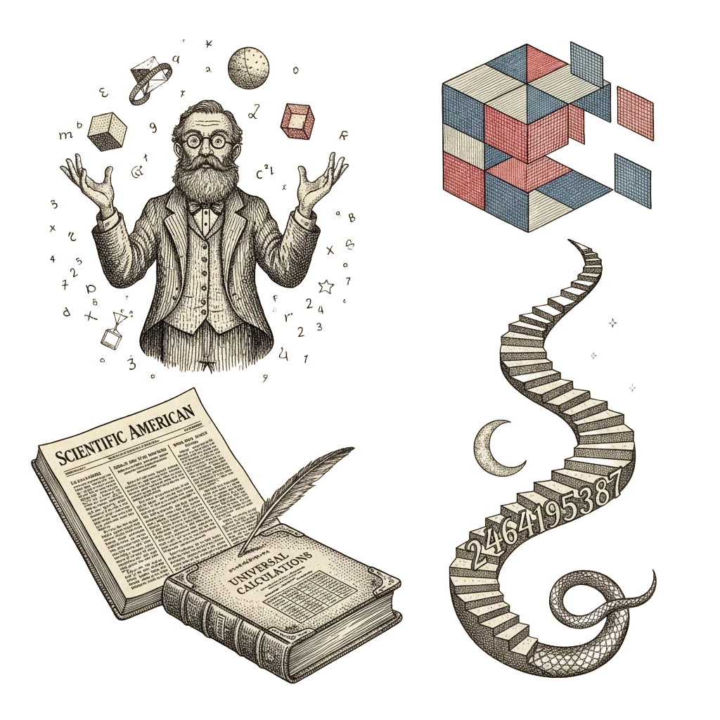 Recap panel illustration combining Graham juggling, the red-and-blue cube, the magazine and record book, the staircase of arrows, and the dragon tail of final digits