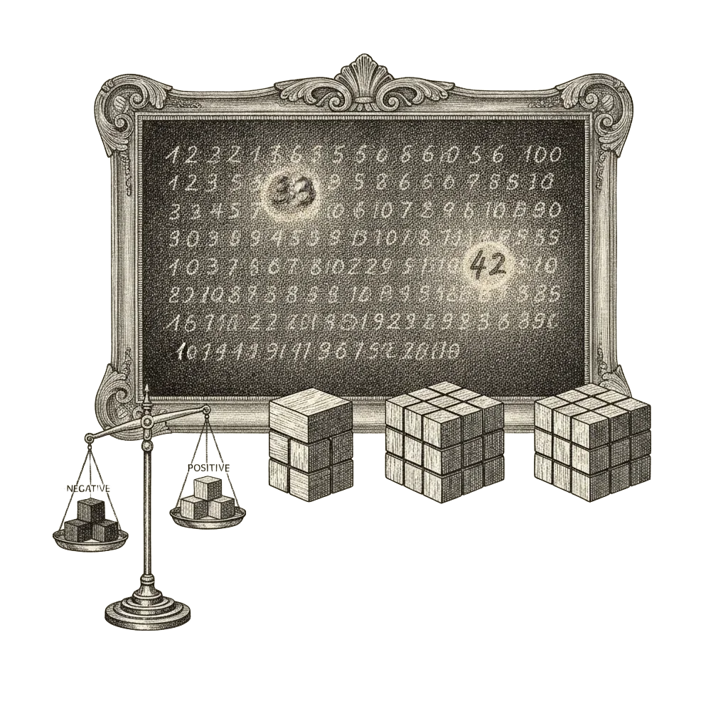 Playful ink illustration of stacked cube building blocks showing 1, 8, 27, 64, some negative cubes on a balance scale, and a board of numbers 1 to 100 with 33 and 42 glowing unsolved