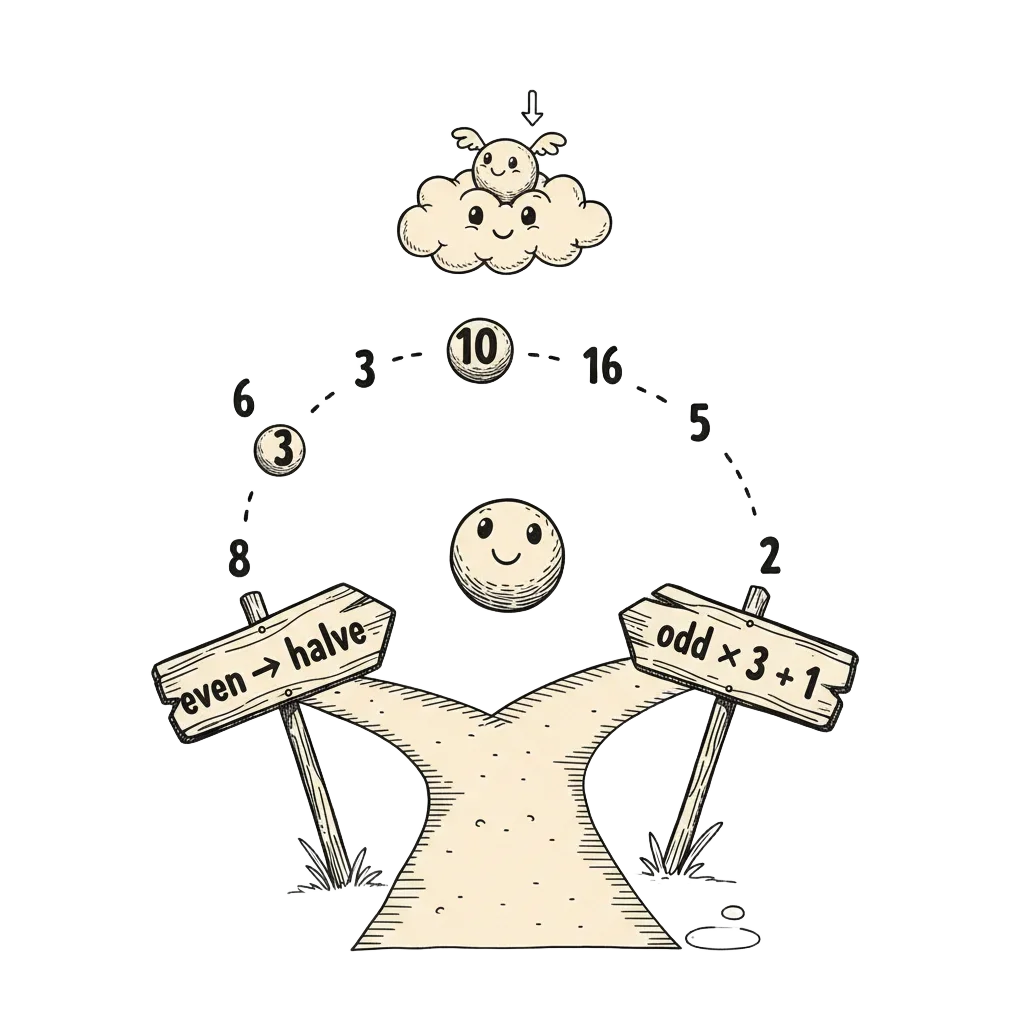 Playful ink illustration of a forked road with two signposts labelled even halve and odd times three plus one, a bouncing ball tracing the journey of 6, and a hailstone in a cloud