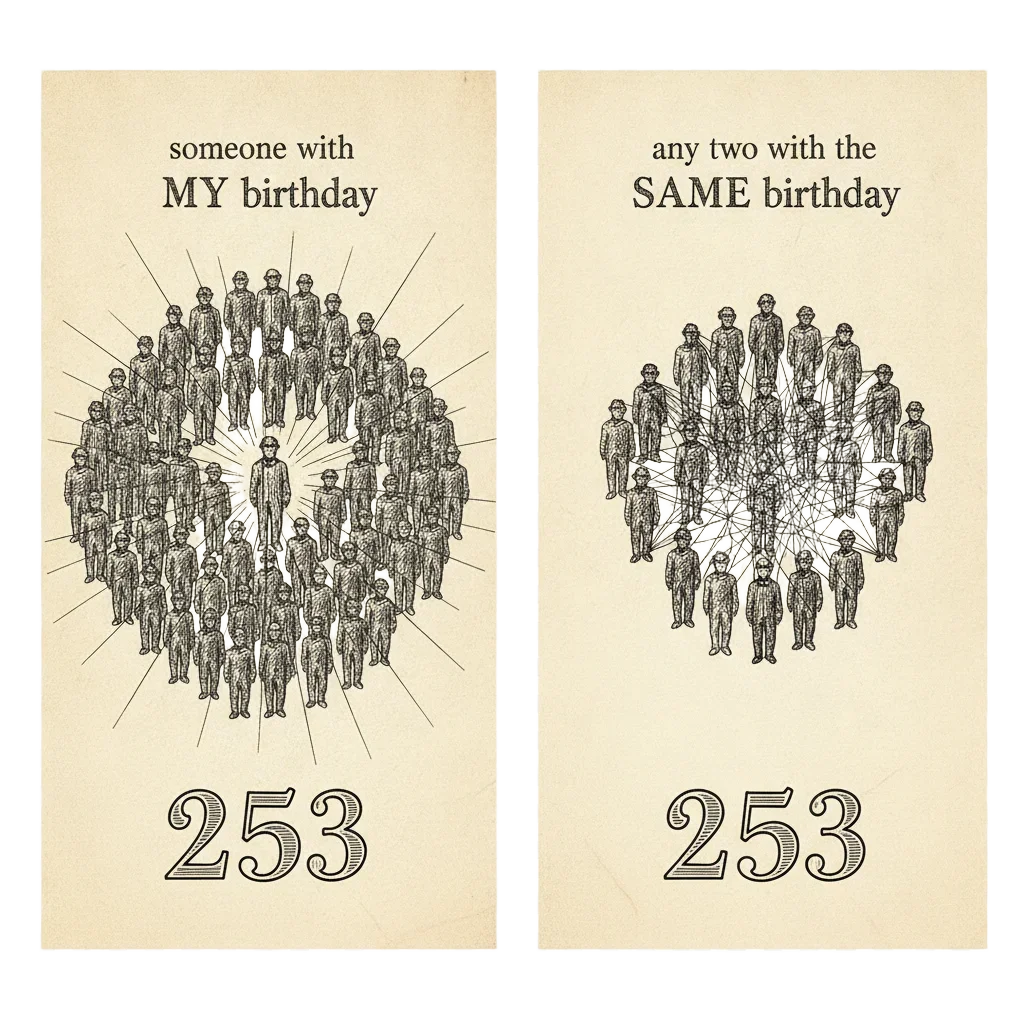 Two-panel comparison. Left: one person in a crowd of 253 with lines to everyone else, labeled someone with MY birthday. Right: 23 people with lines between all pairs, labeled any two with the SAME birthday. Both panels show the number 253.