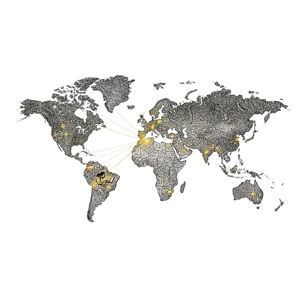 A glowing world map at night showing data centres across 17 countries linked by threads of light to one figure in California, with Dublin flaring brightest