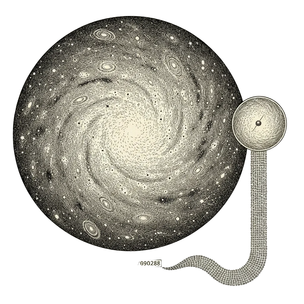 Ink dramatic scale illustration: a vast circle drawn around the observable universe, galaxies inside. A zoomed inset at the edge shows a single hydrogen atom as the margin of error. A 37-digit strip sits beside an enormous endless spool of digits.