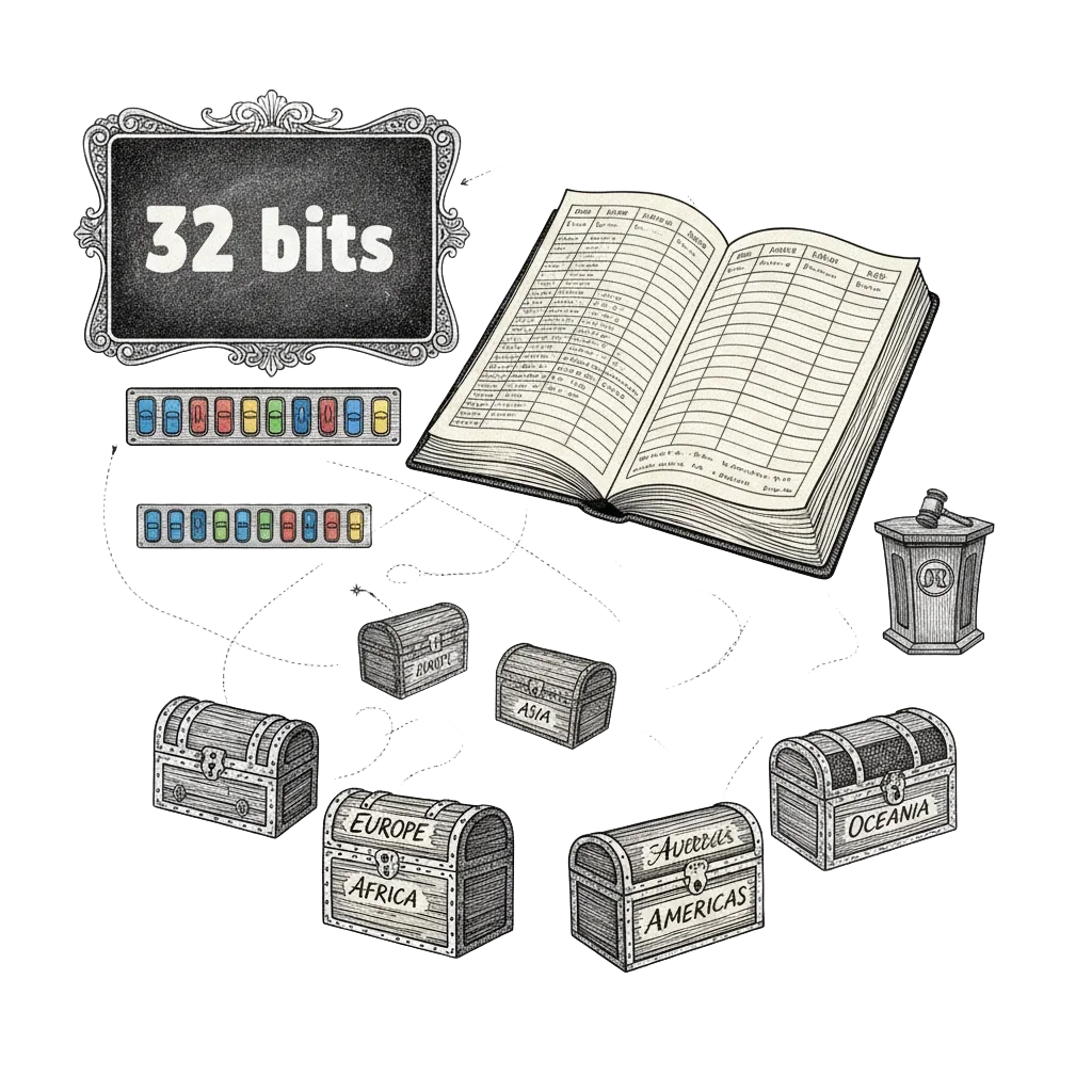 A recap illustration combining the 1970s chalkboard, 32 switches in four coloured groups, five regional chests, an auction podium, and the vast IPv6 address book stretching into space