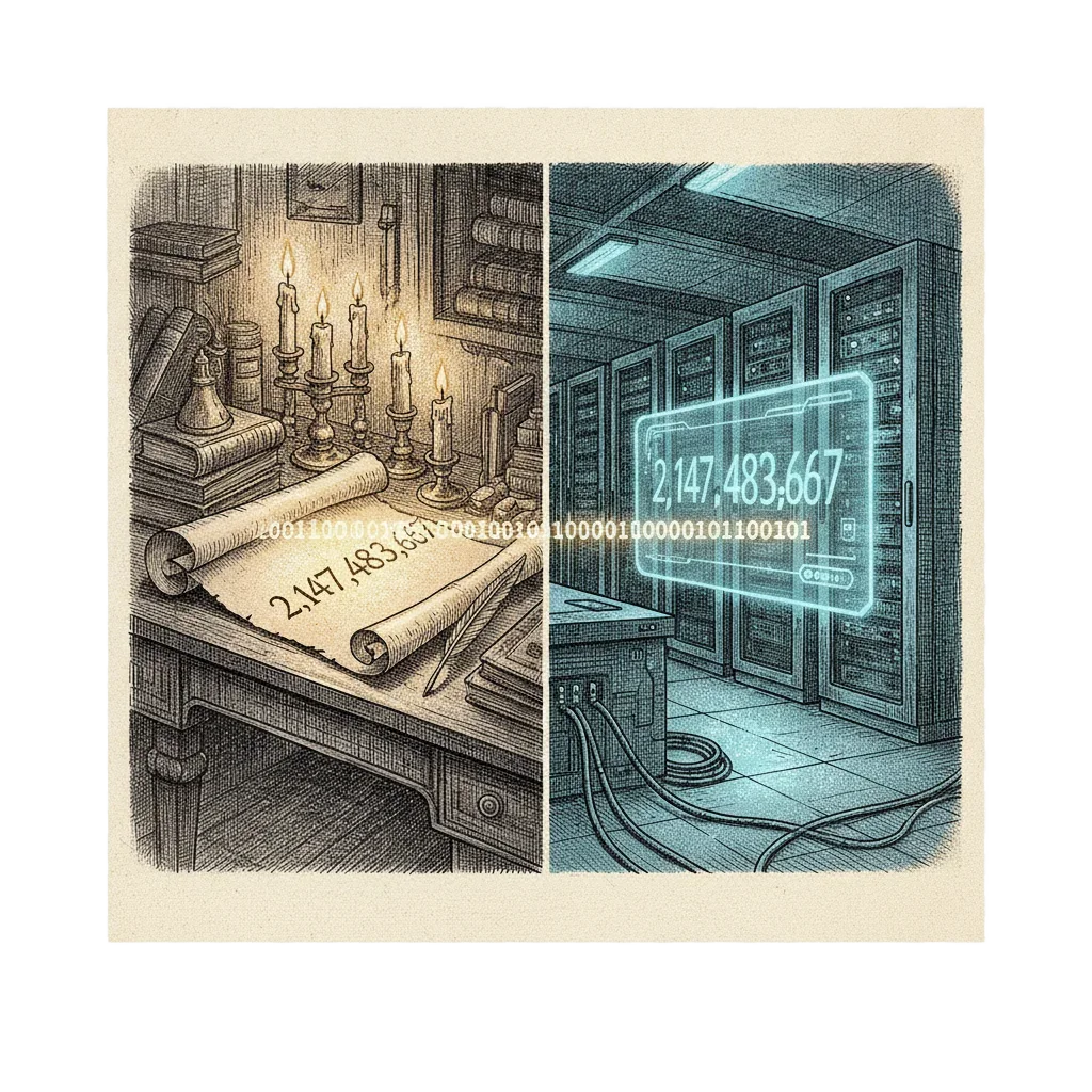 On one side Euler's candlelit desk with 2,147,483,647 on a scroll; on the other a glowing data centre with the number on screen; a line of 31 glowing ones connecting them