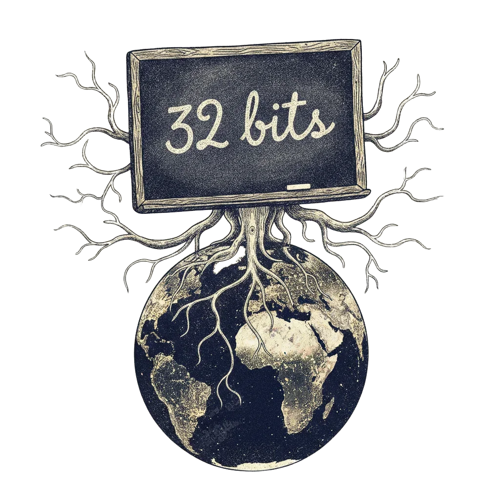 A 1977 chalkboard with 32 bits written on it, glowing lines branching outward like tree roots into a night-time globe covered in the lights of connected cities