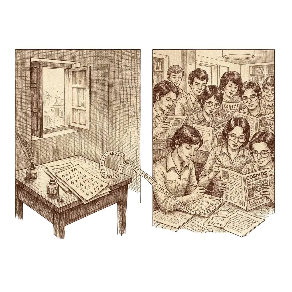 Two-part ink illustration: a quiet desk in Devlali with handwritten number chains on one side, and 1970s readers testing numbers in magazine margins on the other, connected by a trail of digits leading to 6174