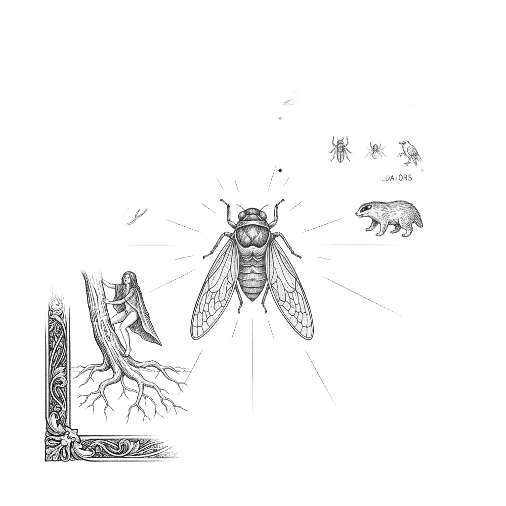A recap illustration combining Bradford's journal and Plymouth woods, an underground nymph on a tree root, the two cicada-and-predator timelines, the Illinois overlap map with dates 1803, 2024, and 2245, and a glowing cicada at the centre