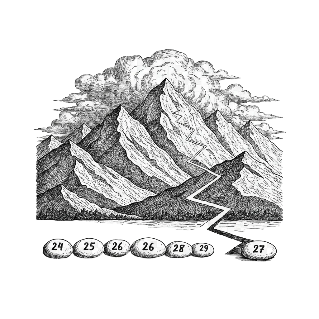 Ink etching of a vast mountain range at dusk. Small numbered pebbles 24 through 29 rest at the foot except for pebble 27 which has set off alone up a winding trail disappearing into the clouds