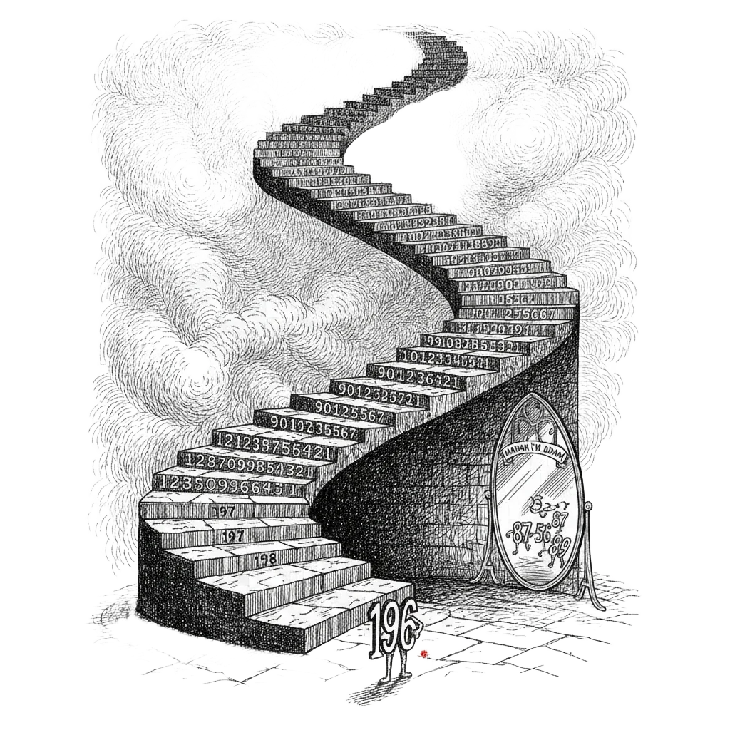 196 at the bottom of a spiral staircase winding into the clouds, each step a longer number, while other numbers skip happily through a palindrome doorway