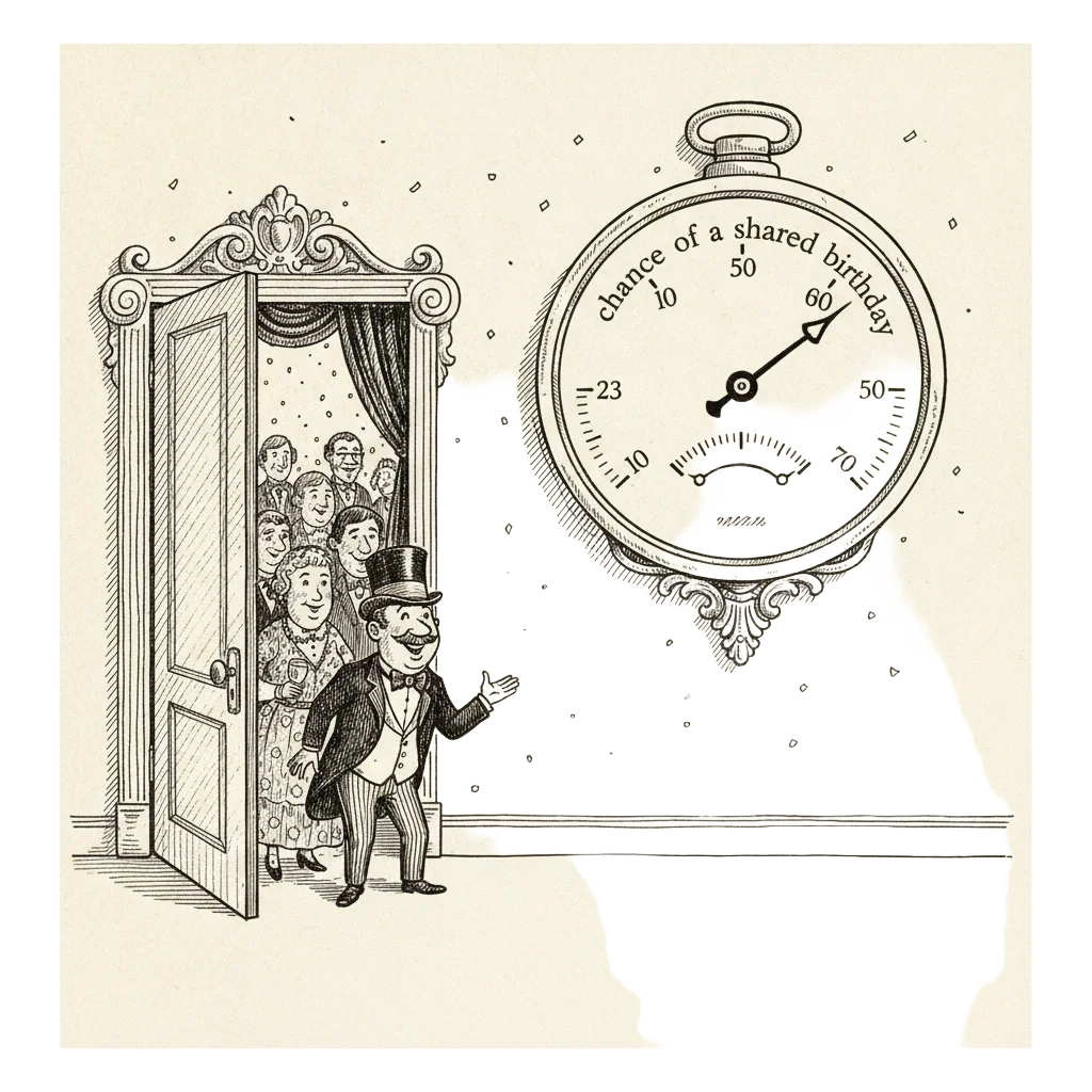 Ink illustration of a party room with guests streaming through a door and a large gauge on the wall showing the probability of a shared birthday. The needle passes the halfway mark as the 23rd guest arrives.
